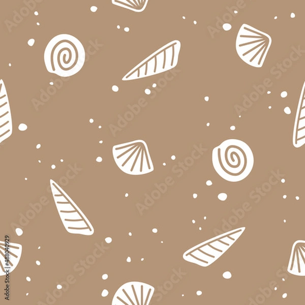 Fototapeta White sea shells on a beige background. Vector Seamless pattern