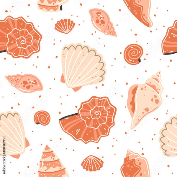 Fototapeta Seamless pattern with pink seashells. Vector flat illustration