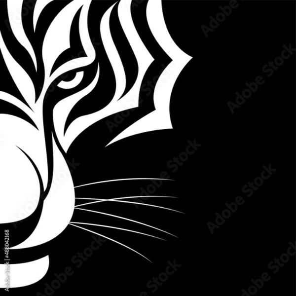 Fototapeta vector stylized drawing of half head of tiger isolated on black background. contrasting stripes. save tigers from extinction. useful for tattoo, poster, zoos, safari, nature reserves, t-shirt printing