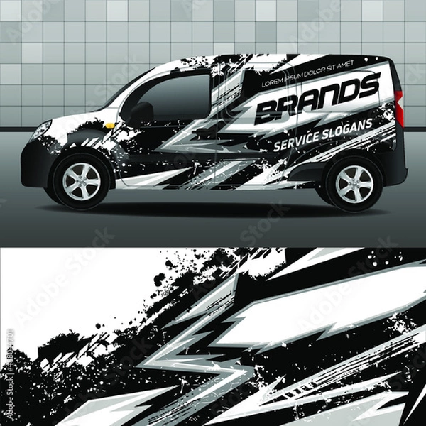 Fototapeta Delivery van vector design. Car design development for the company. Black background with white and gray grunge stripes for car vinyl sticker.

