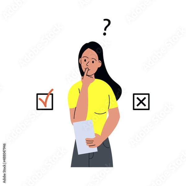 Fototapeta The girl is thinking with piece of paper over the answer. The concept of the problem of choice, solution. Color vector illustration, flat style. White isolated background.
