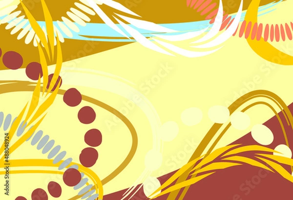 Fototapeta Abstract background. Hand-drawn various figures and doodles. Brown and yellow shades. Modern trendy vector illustrations. Autumn chaotic background with abstract spikelets