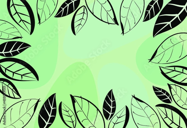 Fototapeta abstract green background with black leaves. vector modern pattern with a text field. graphic background. decorative black leaves hand-drawn on a turquoise background