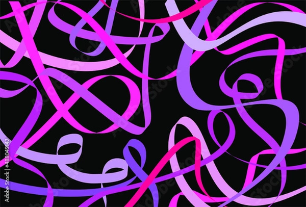 Fototapeta Chaotic Pink and lilac ribbons on a black background.Abstract background.Modern trendy vector illustrations for dance school. bright contrasting black and pink background. hand-drawn pink ribbons on a