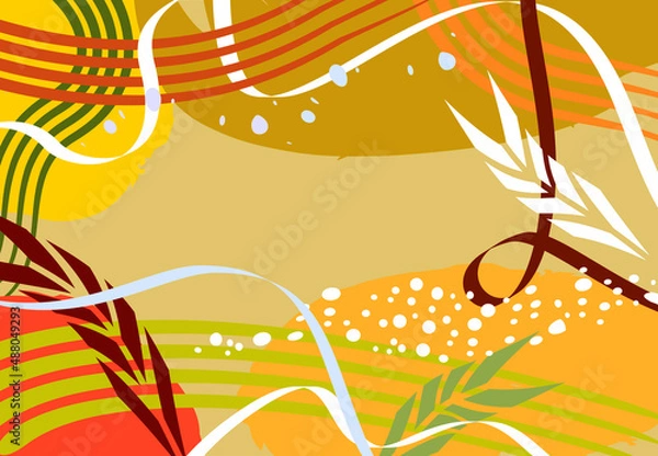 Fototapeta Abstract background. Hand-drawn various figures and doodles. Brown and yellow shades. Modern trendy vector illustrations. chaotic background with abstract stripes, splashes, dots, spikelets