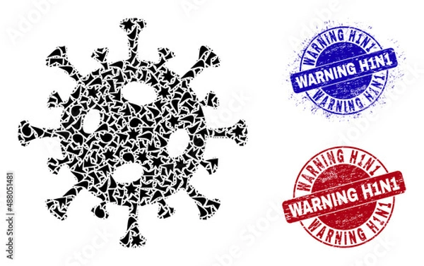 Fototapeta Round WARNING H1N1 scratched seals with tag inside round forms, and debris mosaic covid virus icon. Blue and red stamp seals includes WARNING H1N1 tag. Covid virus mosaic icon of debris elements.
