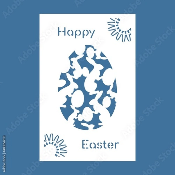 Fototapeta Greeting card Easter egg. Egg-shaped decoration with Easter bunnies. Vector illustration in paper style. Template for paper cutting, laser cutting, printing and woodcarving.