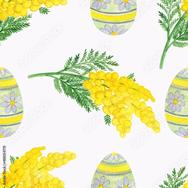 Fototapeta Watercolor seamless pattern on the theme of Easter, eggs with mimosa sprigs