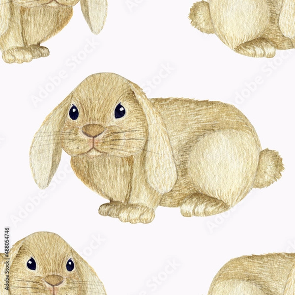 Fototapeta Seamless watercolor pattern with rabbits. Fabric, wrapping paper for Easter celebration