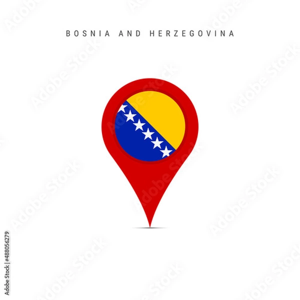 Fototapeta Teardrop map marker with flag of Bosnia and Herzegovina. Bosnian flag inserted in the location map pin. Flat vector illustration isolated on white background.