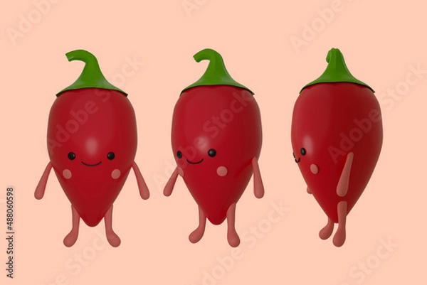 Fototapeta Cute chilli papper in cartoon style. 3d render illustration.