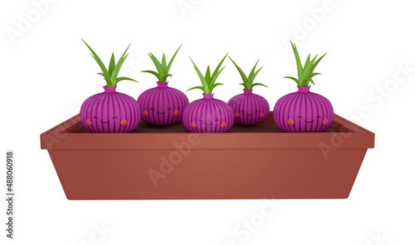 Fototapeta Cute onions in a box in cartoon style. 3d render illustration.