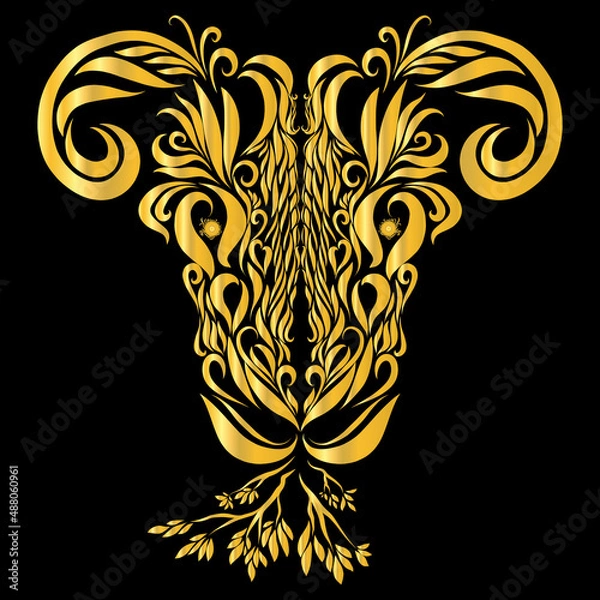 Obraz goat with graceful elegant curved golden horns on a dark background