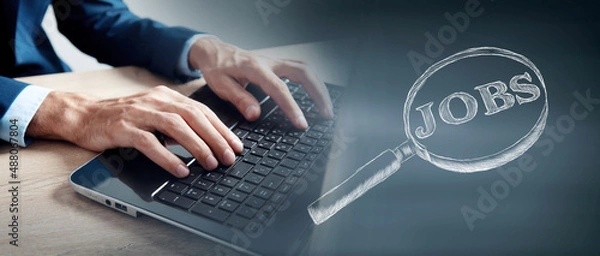 Fototapeta Magnifying glass and the inscription: Job search symbol