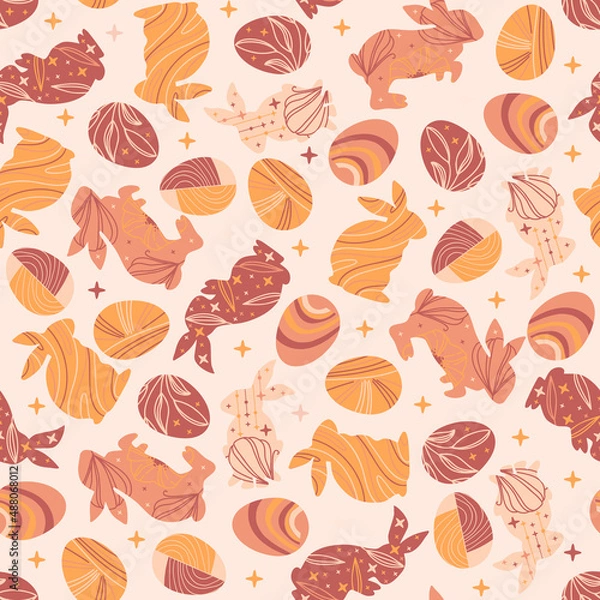 Fototapeta Seamless pattern with bunnies and eggs on beige background for Easter design