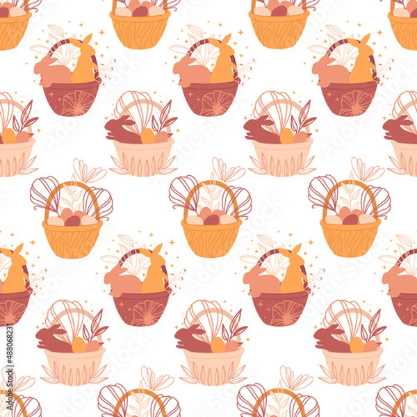 Fototapeta Seamless pattern with Easter baskets, bunnies, eggs and flowers in boho style on white background