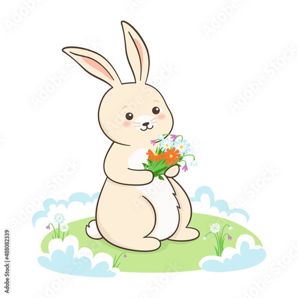 Fototapeta Rabbit and bouquet flower, hello spring card. Romantic bunny or cute hare draw character mascot. Vector design love, template postcard, invitation or childish banner, poster illustration