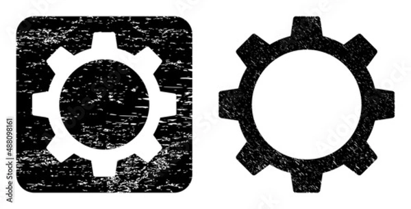 Fototapeta Vector gear wheel carved icon. Grunge gear wheel stamp, done with icon and rounded square. Rounded square stamp seal contain gear wheel subtracted shape inside. Vector gear wheel grunge images.