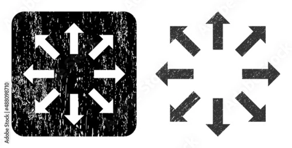 Obraz Vector explode arrows subtracted icon. Grunge explode arrows seal, done from icon and rounded square. Rounded square seal have explode arrows subtracted shape inside.