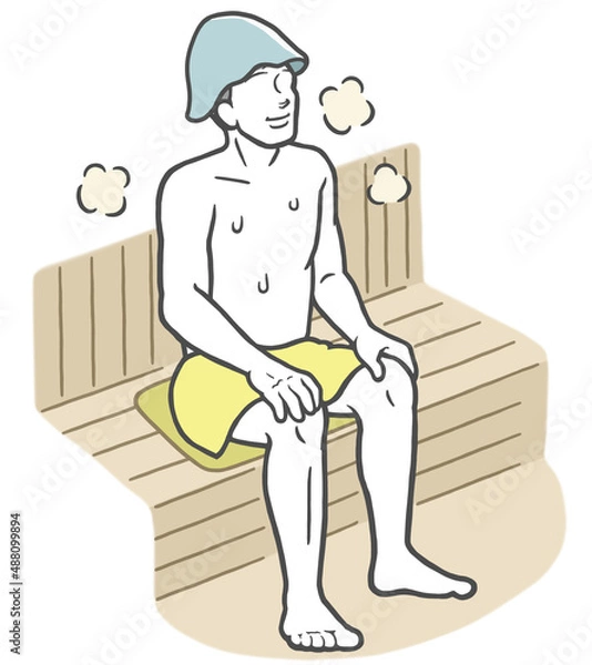 Fototapeta サウナハットを被ってサウナを楽しむ若い男性