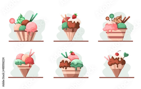 Fototapeta Colorful ice cream. Summer delicious dessert. Strawberry, chocolate ice cream in cups and cones. Illustration of food in cartoon style.