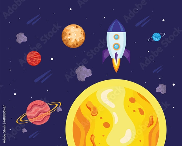 Fototapeta banner with planets and rocket