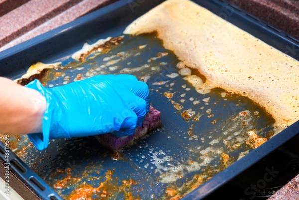 Obraz Gloved hand washes dirty greasy baking sheet with a sponge