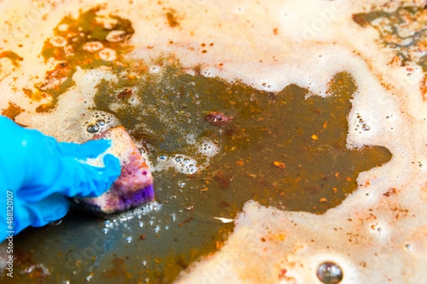 Obraz Gloved hand washes dirty greasy baking sheet with a sponge