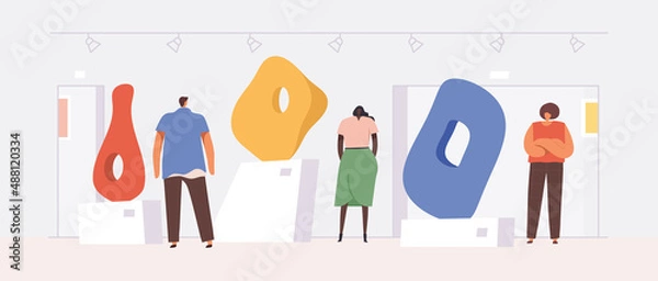 Obraz Museum of Modern Art. Exhibits in the gallery. A man and a woman view sculptures in a museum. Vector illustration.