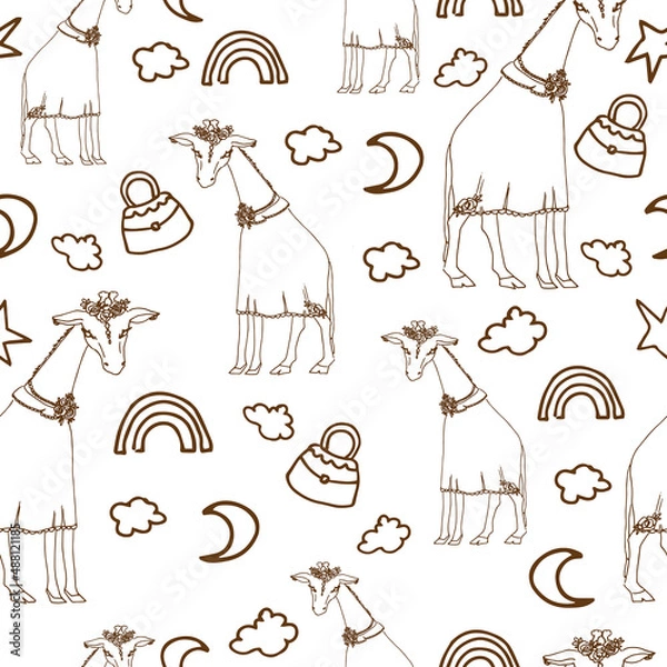 Fototapeta Children's patterns with giraffes. Drawing on a white background, suitable for printing on fabric, wallpaper, packaging, for the interior of a children's room, a newborn's bedroom.