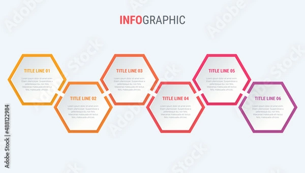 Obraz Red diagram, infographic template. Timeline with 6 steps. Honeycomb  workflow process for business. Vector design.
