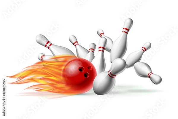 Fototapeta Red burning Bowling Ball in Flames crashing into the pins isolated on white. Illustration of bowling strike.