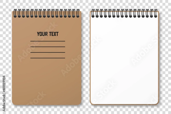 Fototapeta Horizontal spiral spring notepad with space for your image or text on transparent background for mockup. Notebook vector design concept. Clipart illustration. Top view