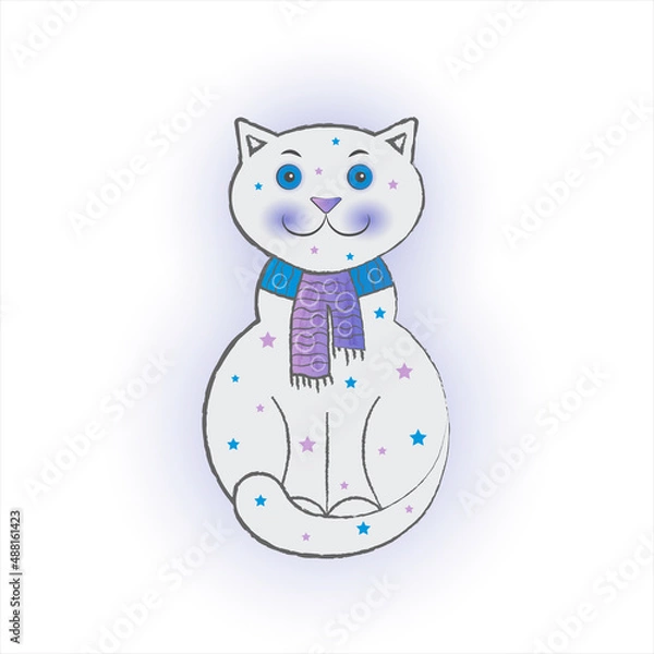 Obraz Kitten toy smiling on a white background. Cat in a scarf with stars. Sticker or emblem for children's clothing.