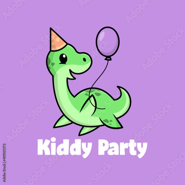 Fototapeta A CUTE GREEN PLESIOSAURUS IS WEARING A PARTY HAT AND BRINGING A BALOON. PREMIUM CARTOON LOGO.