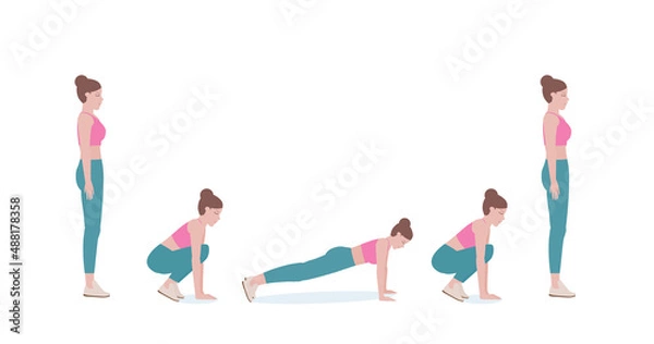 Obraz Woman doing exercises. woman in pink shirt and a blue Long legs. Step by step instruction for doing Burpee Push-up. Isolated vector illustration in cartoon style. Fitness and health concepts.