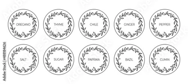 Fototapeta Spices labels. Round black and white labels or stickers with floral frame. Vector set