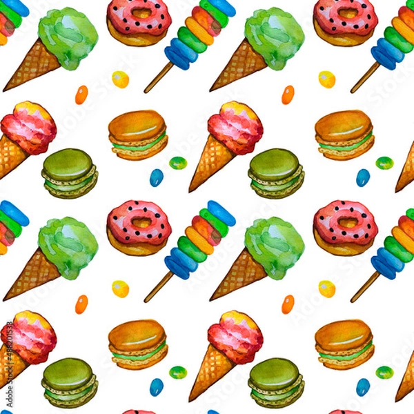 Fototapeta seamless pattern for confectionery. Sweets and cupcakes. Pattern with goodies. Hand drawn watercolor pattern.