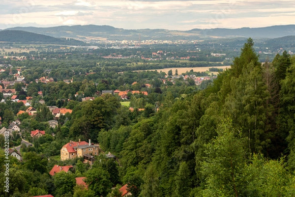 Obraz Panorama of the town of Sobieszów (Jelenia Góra district) on a beautiful summer day