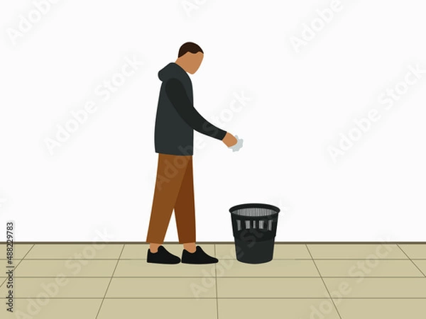 Obraz Male character throwing garbage into wastebasket standing on the floor