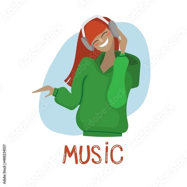 Fototapeta A flat illustration of a girl in headphones listening and dancing to music in a cartoon, hand-drawn style.