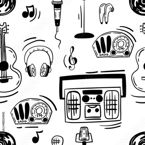 Fototapeta Vector seamless pattern about music, tape recorder, radio and headphones in a cartoon hand-drawn style.