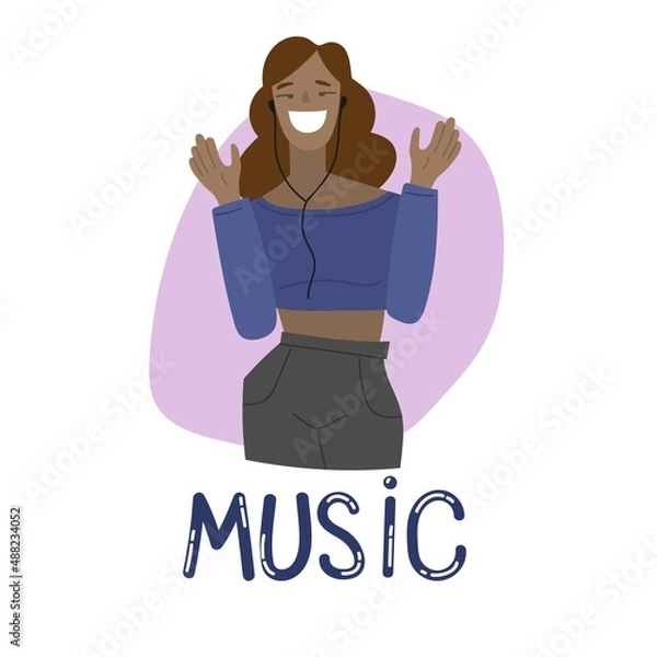 Fototapeta A flat illustration of a girl in headphones listening and dancing to music in a cartoon, hand-drawn style.