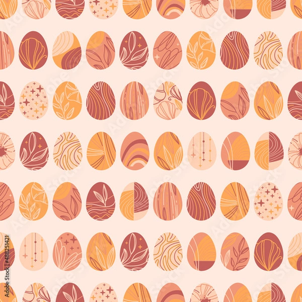 Fototapeta Seamless pattern with decorated eggs in boho style on beige background