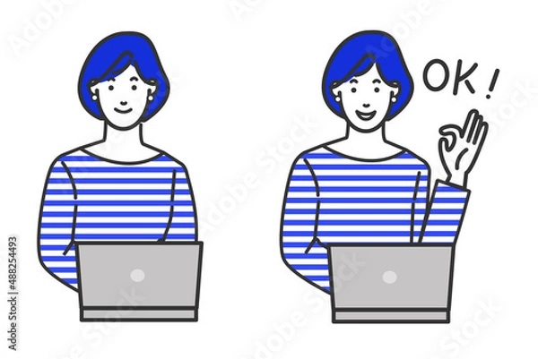 Obraz カジュアルでお洒落な服装のWEBデザイナー風の若い女性がパソコンの前に座りマルバツやオッケーなどの表情バリエーションの白背景に線画のシンプルなイラスト