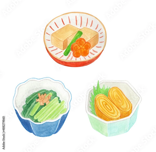 Obraz 和食のお惣菜の入った小鉢の水彩イラスト