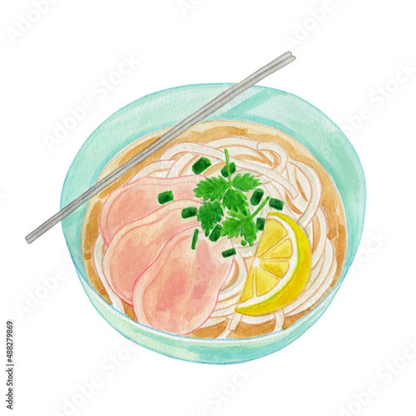 Fototapeta レモンとパクチー、チキンののったフォーの水彩イラスト