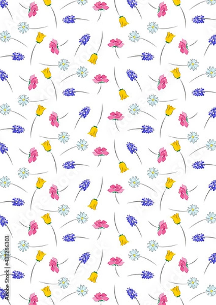 Obraz Spring flowers scattered pattern of tulip, rose, daisy and hyacinth. Colourful floral background for Easter, seasonal, Mother's Day, wedding projects