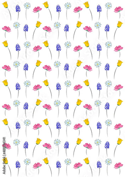 Obraz Spring flowers pattern of tulip, rose, daisy and hyacinth. Colourful floral background for Easter, seasonal, Mother's Day, wedding projects