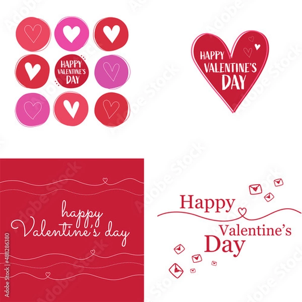 Obraz Set of 4 Valentine's Day cards, varied love hearts designs with Happy Valentine's Day messaging. Red, pink and white hand drawn romantic heart ribbons, love letters, abstract shapes